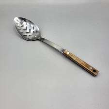 Vintage Slotted Spoon Cooking Utensil Stainless Steel & Wood Taiwan