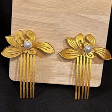 New Orchid Pearl Hair Combs Pair Gold Vintage Classical Handmade Hair Accessory
