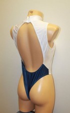 Women Thong Leotard 204-05 High Collar Open Back White and Blue Spandex Size M