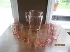 13pc - Vintage Pink Depression Glass Beverage Set Ribbed Pitcher & Glasses