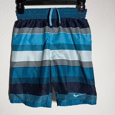 Nike Just Do It Trunks Shorts Boys Teal Blue Striped Drawstring Beach Swimwear