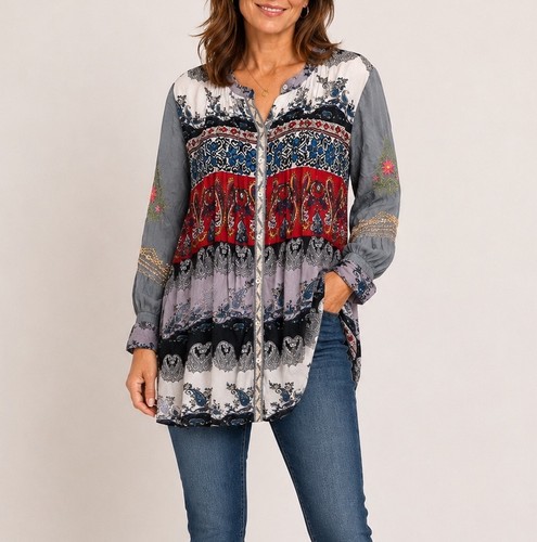 All About Her Embroidered Long Sleeve Button Down Tunic Size M Gray Floral Boho