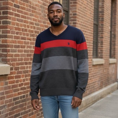 U.S. Polo Assn Sweater Mens Large Color-Block Knit Crew Neck Cotton Pullover