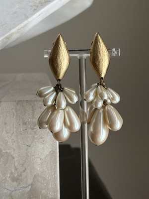 Vintage DKNY Clip On Pearl Dangle Drop Earrings Gold Tone Marquis