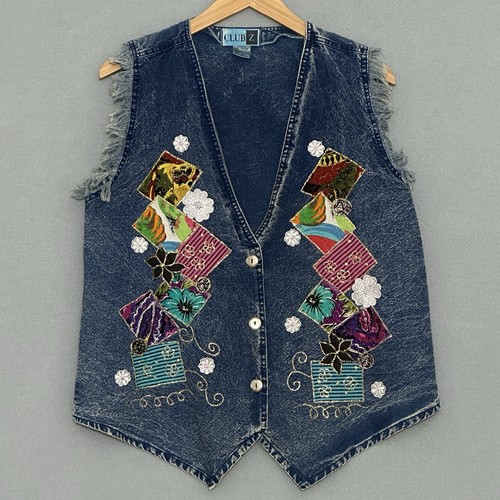 Vintage Y2K Denim Vest M Acid Wash Patchwork Color Sparkle Fringe Retro Cowgirl