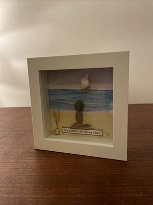 Neu Handarbeit The Beach Is My Happy Place 3-D Steinmuschel Kiesel Kunst 5'' x 5''