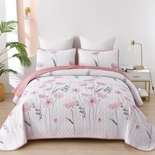 Dinjoy King Size Quilt Set Floral,3 Piece Pink/Blush Farmhouse Bedding Set Li...