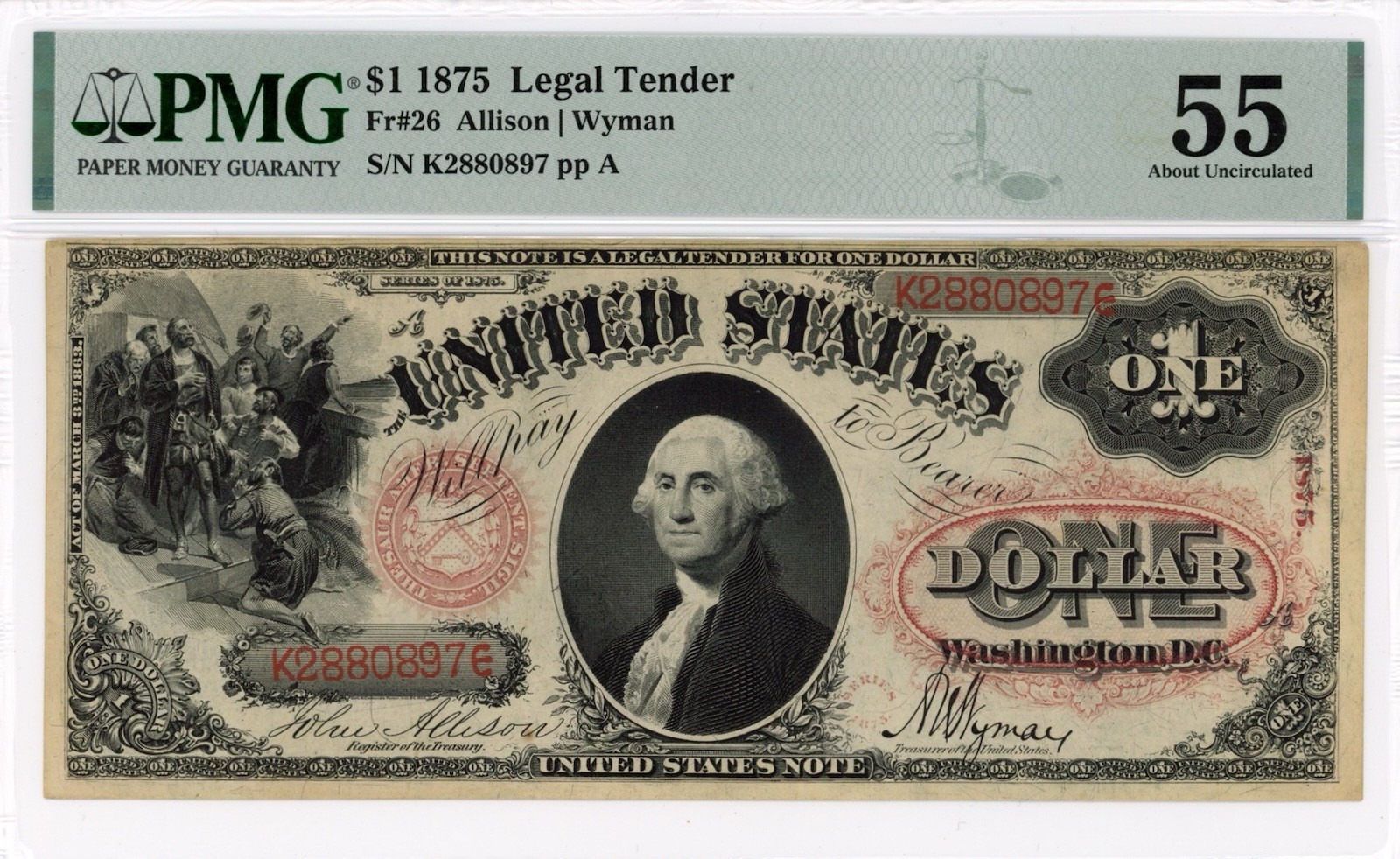 1875 - $1 Legal Tender Note, FR-26, PMG 55 - About Uncirculated
