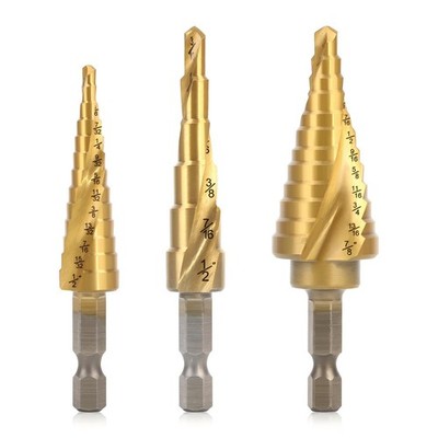 Step Drill Bit Set, 3PCS, 1/4 Hex Shank, HSS, Spiral Grooved, 31 Sizes, Metal