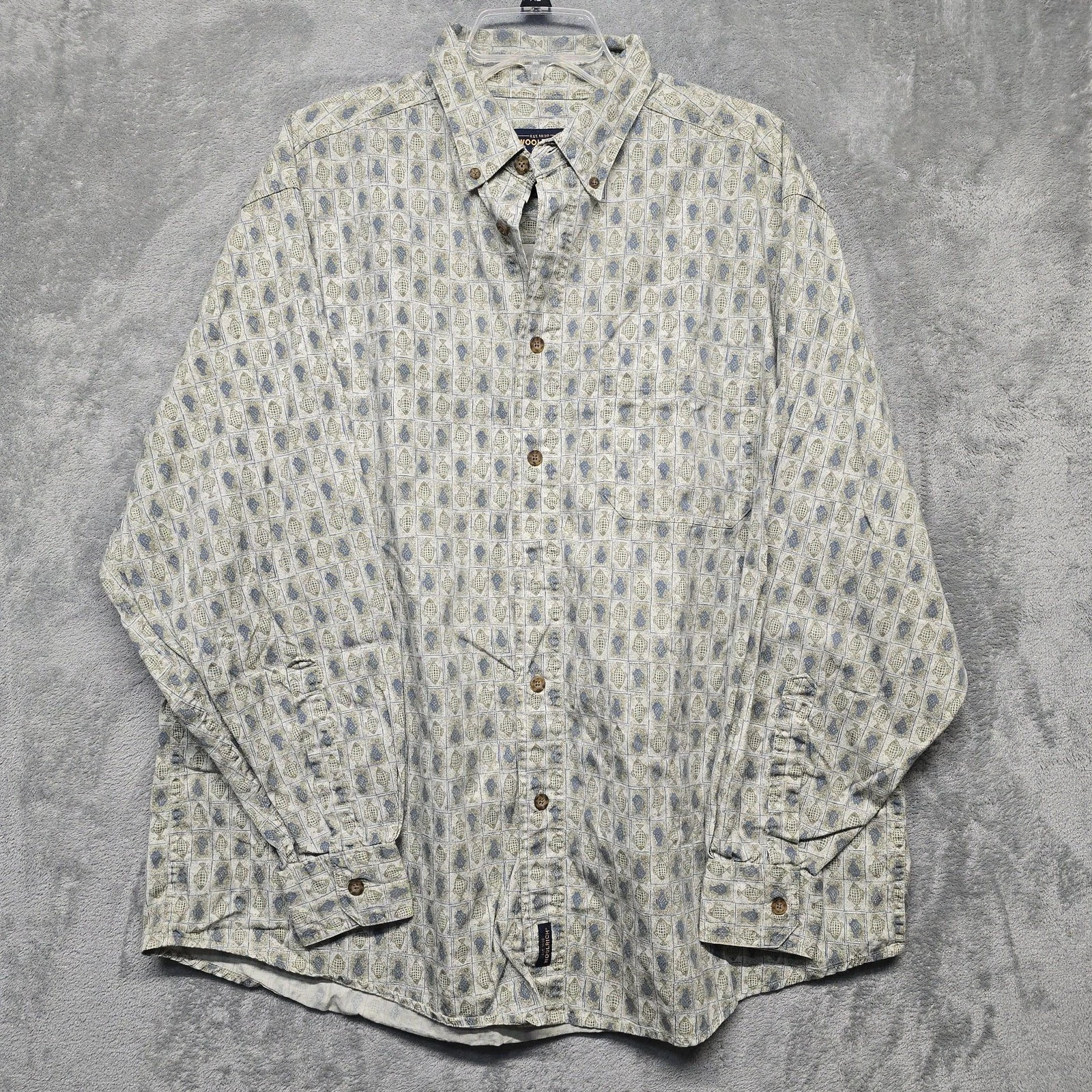 Woolrich Shirt Mens Sz XL Green Blue Natural Window Fish Long Sleeve Button Down