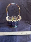 Iridescent Carnival Glass Decorative Basket Ruffled Edge Round Multicolor Glossy