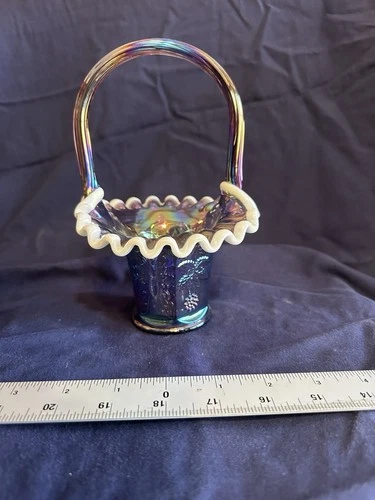 Iridescent Carnival Glass Decorative Basket Ruffled Edge Round Multicolor Glossy