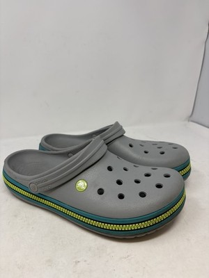 Men s 11 Crocs Classic Clogs Gray Teal Lime Green Striped Sole