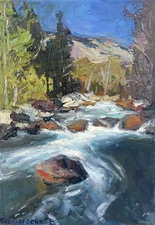 River landscape Original painting Impressionism Oil on canvas by E Chernyakovsky