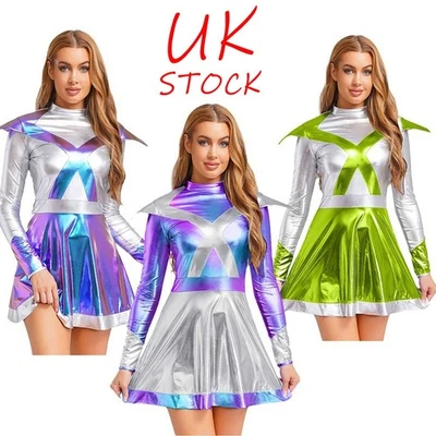 UK Womens Alien Astronaut Costume Halloween Shiny Metallic A Line Robot Dress