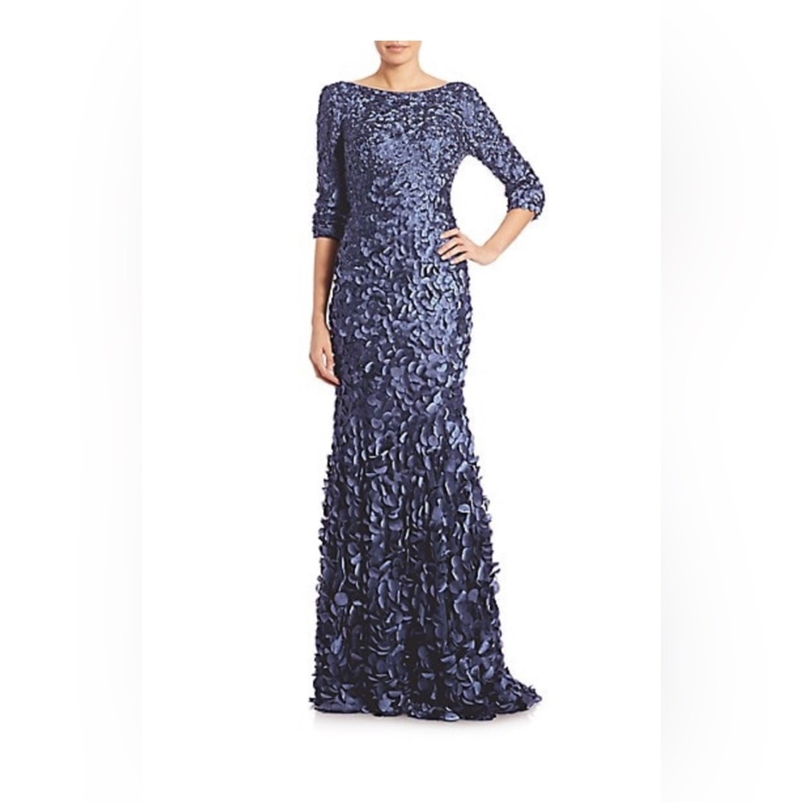 Theia Slate Blue Petal Appliqué boat neck Long sleeve floor Length Formal gown 6