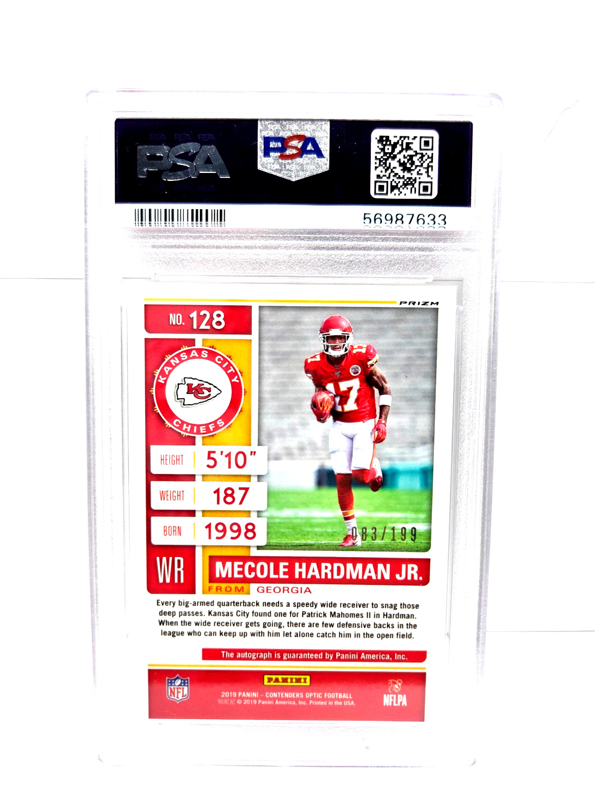 2019 Optic Autograph RED MECOLE HARDMAN JR RC Football Card /199 PSA 9 MINT view 2