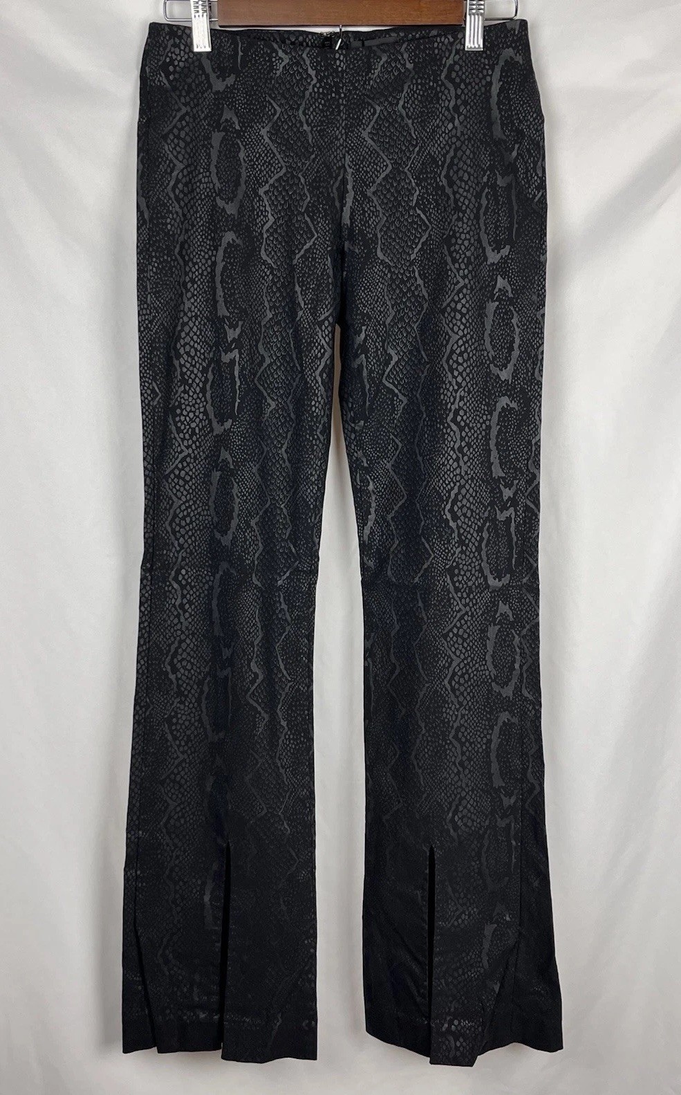 VTG Y2K bebe Black Silver Snake Print Pants Bootcut Slit Hem Back Zip Sz 10