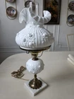 Vintage Fenton Milk Glass  Lamp. Brass Marble Base. Embossed Rose Buds