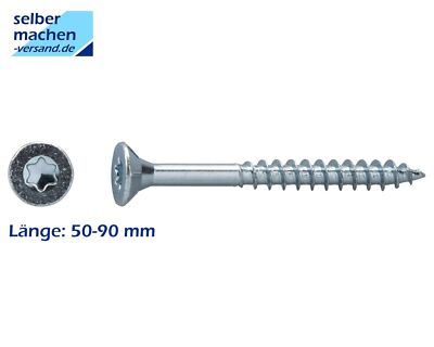 Spanplattenschrauben TORX Senkkopf, silber verzinkt, Teilgewinde, 50-90 mm Länge