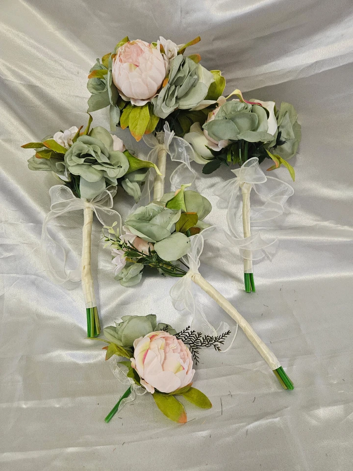 Rosa, crema, verde, juego de ramo de boda, paquete de boda romántico vintage Foto 4 de 4