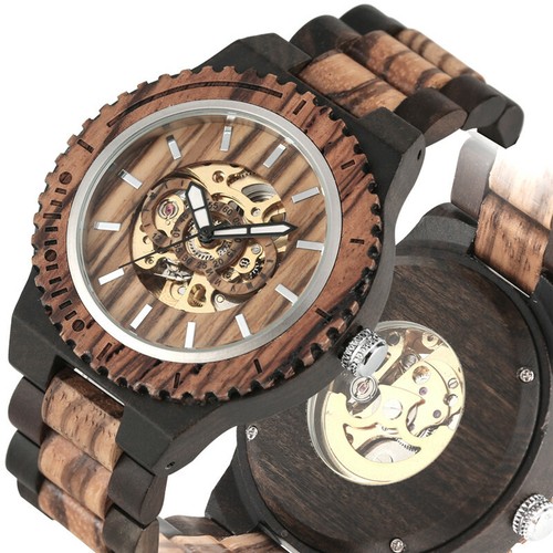 Men Full Wooden Watch Automatic Mechanical Wood Bangle Wristwatch Self-Winding - Picture 8 of 25