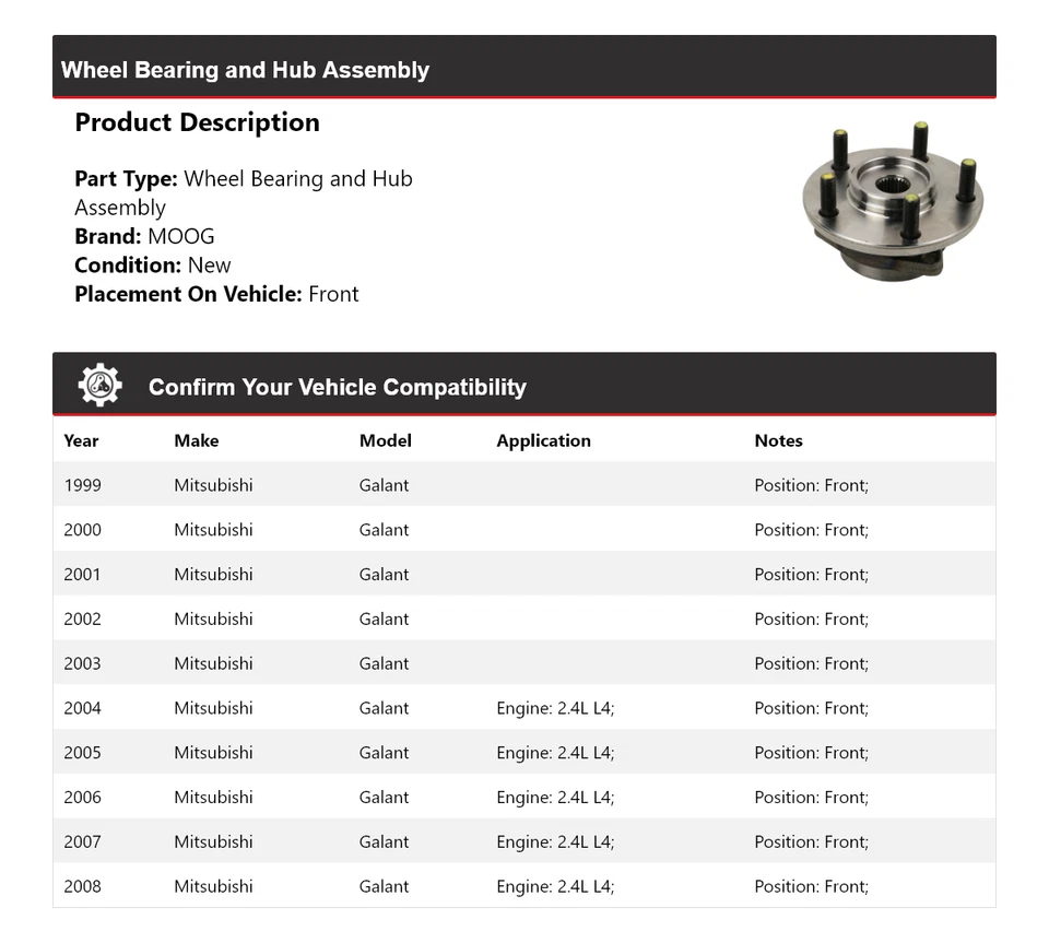 Conjunto de cojinete de rueda y buje delantero MOOG 1999-2008 para Mitsubishi Galant Foto 2 de 4