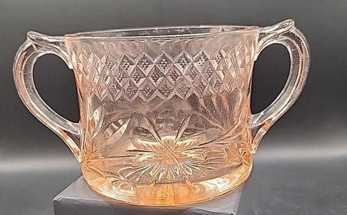 1920s Pink Depression Glass ~Floral and Diamond Band~ Pattern SUGAR BOWL