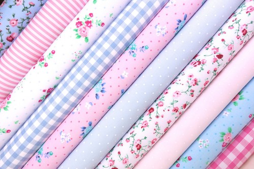 FABRIC BUNDLE PINK AND BLUE 10 FAT QUARTERS POLYCOTTON CRAFT FLORAL GINGHAM 21" - Picture 2 of 2