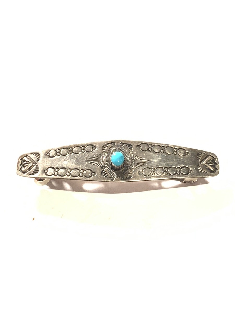 Vintage Navajo Stamped Sterling Silver Turquoise Barrette 