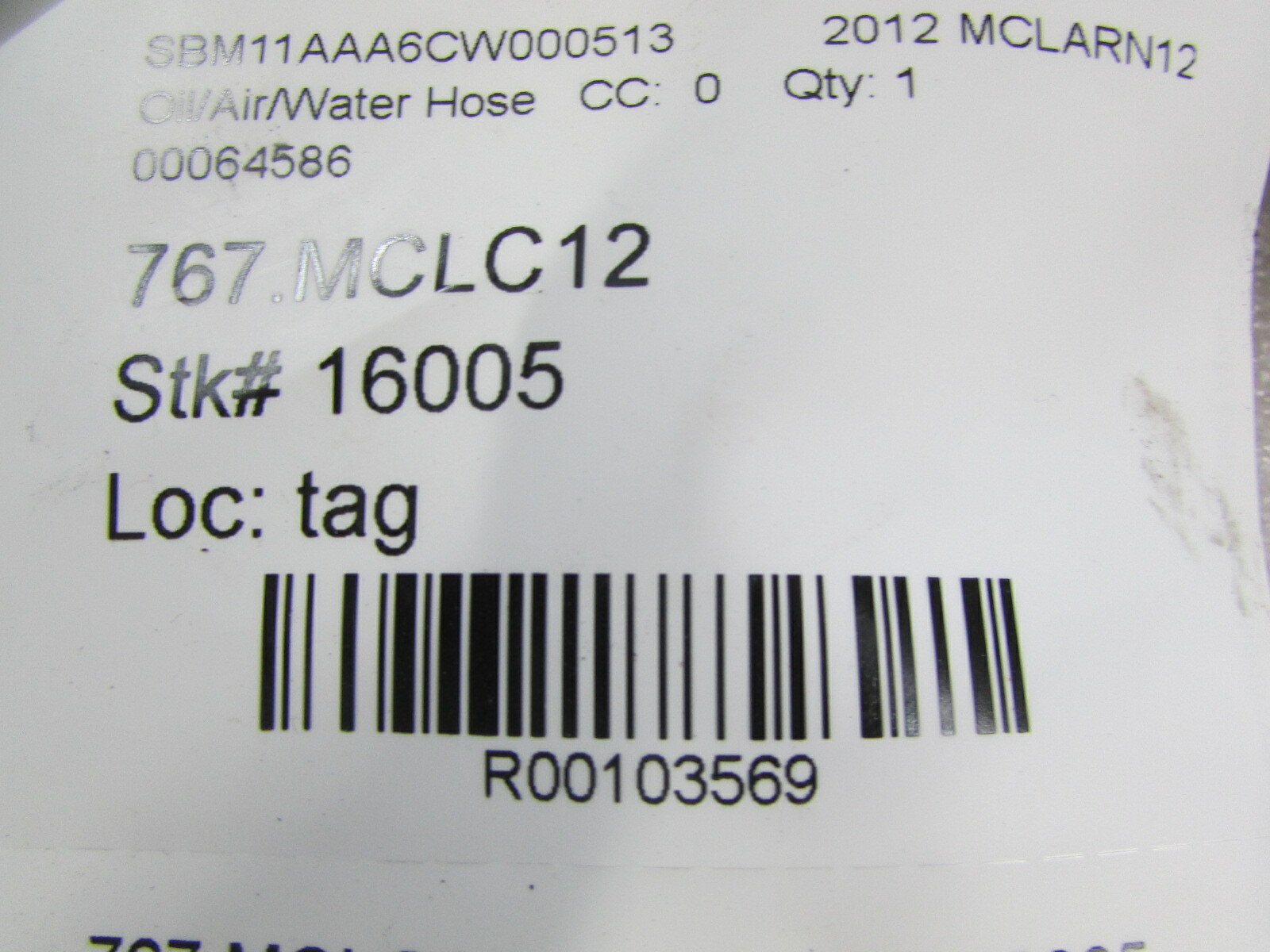 McLaren MP4-12C, Water Hose, Used, P/N 00064586