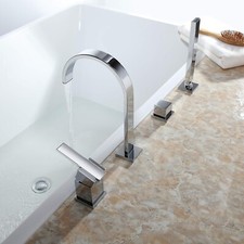 BULUXE Roman Bathtub Gooseneck Faucet w/ Hand Shower Polished Chrome Solid Brass