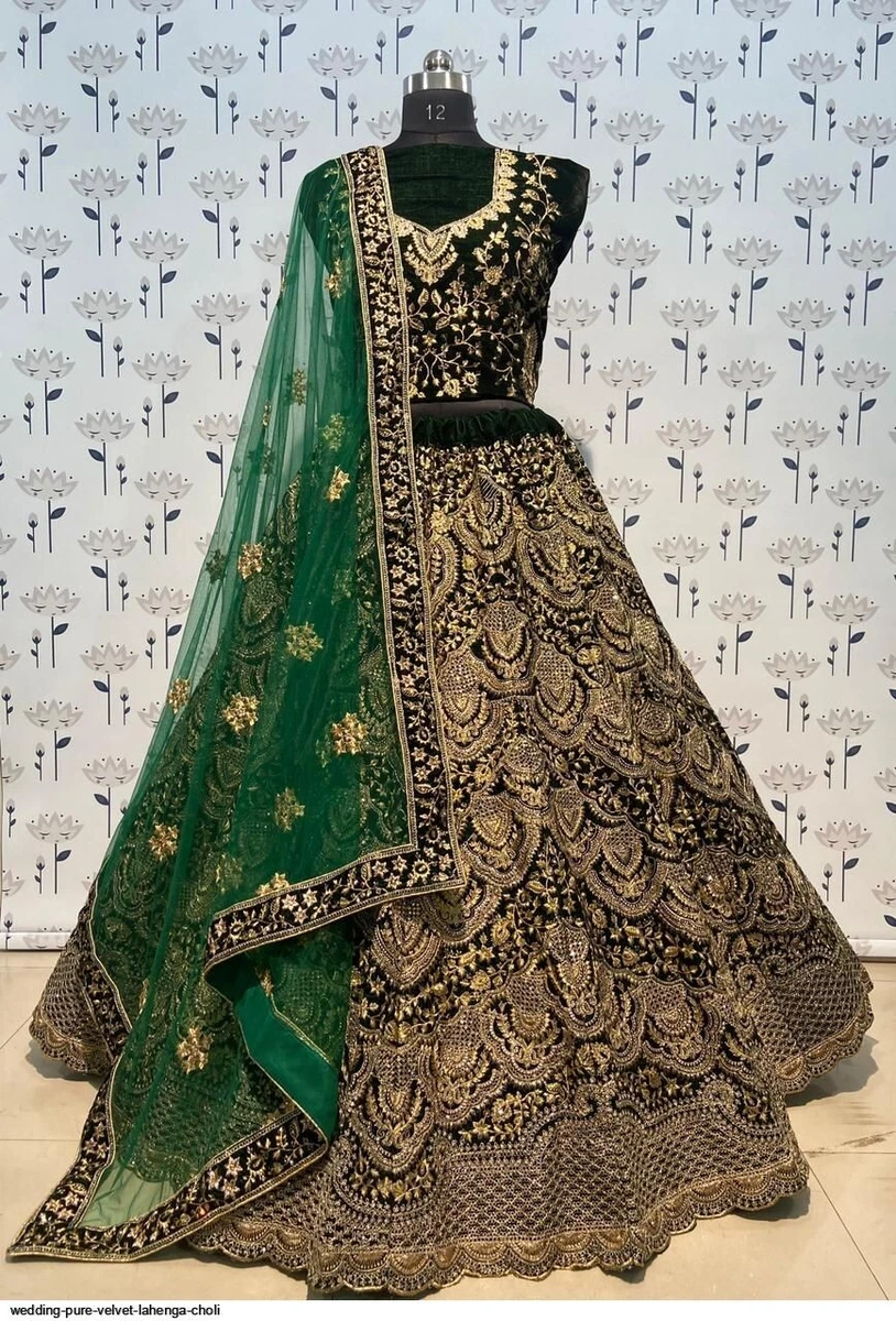 Nikah Wedding Wear Green Lehenga Choli Chunri Velvet Lehenga