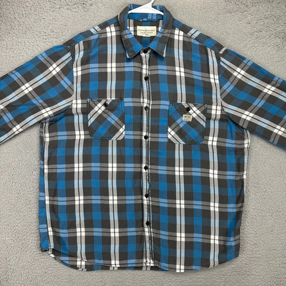 Camisa de Franela Denim Supply Ralph Lauren Adulto 2XL Azul Gris A Cuadros Abotonada Para Hombres Foto 2 de 4