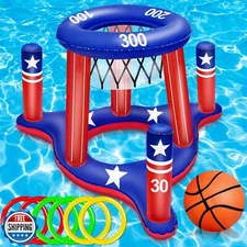 American Flag Pool Toys Games for Kids Adult 2-in-1 Floating Basketball Hoop 