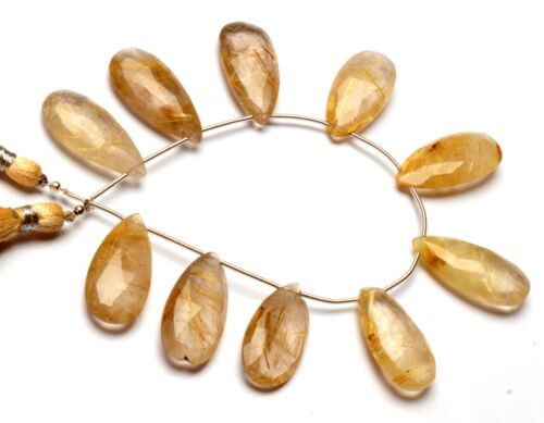 Natural Golden Rutile Quartz Gems 26x12 mm Faceted Long Pear Beads 6.5" Strand - Picture 2 of 4