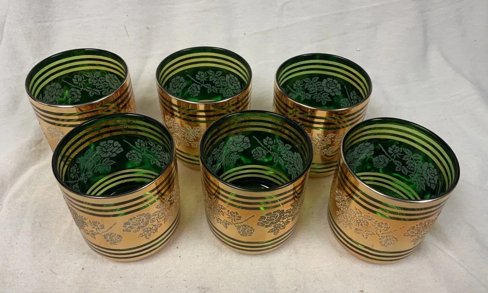 "Juego de 6 vasos de jugo Kyongnam dorado y verde Corea 3,25""" Foto 2 de 4