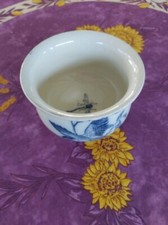 Pot Terrine Brule Parfum ? Faience Oiseau Libellule Feuilles Muriers Décor Bleu