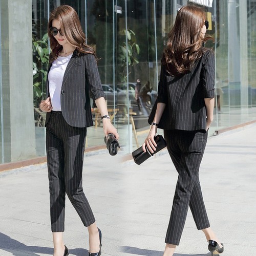 Elegante Tailleur completo donna nero gessato giacca manica lunga pantaloni  7175 | eBay