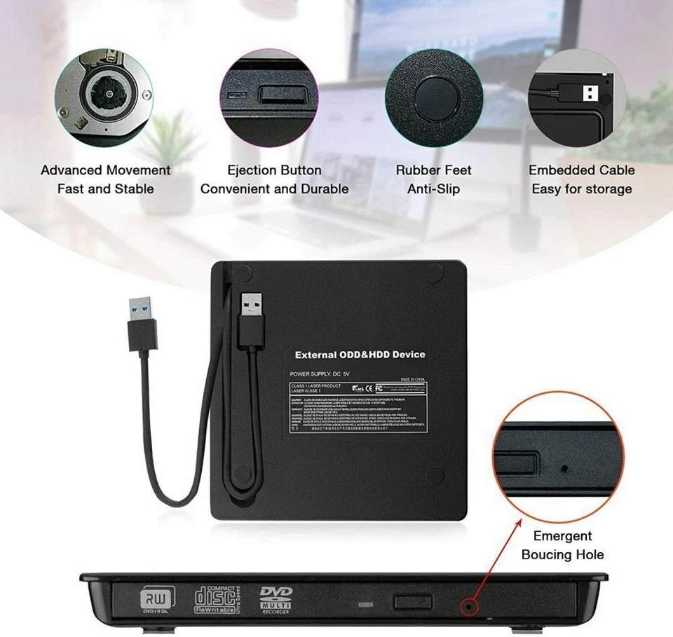 USB 3.0 CD/DVD Laufwerk Externes Type C Brenner Player für Windows 11 HP Laptop - Bild 4 von 4