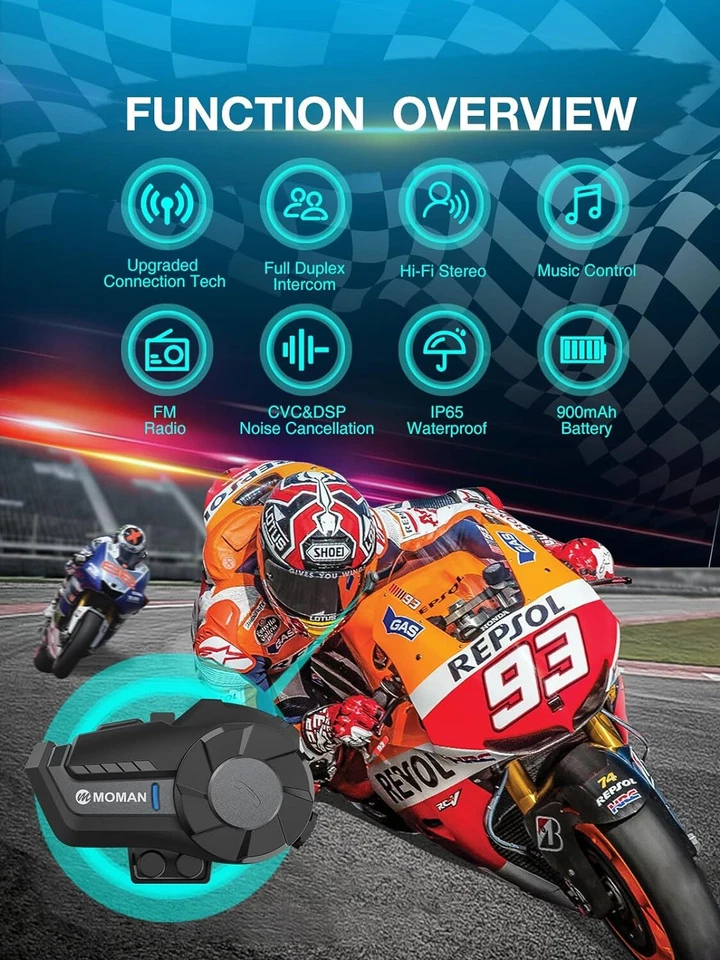 Moman H2Pro Cuffia Interfono Moto Wireless 5.1 Sistema di Comunicazione 1000M  - Immagine 2 di 4