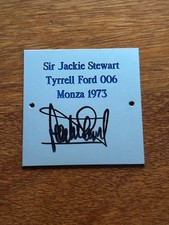 Sir Jackie Stewart F1 signed plaque. 1973 Tyrrell 006. Tamiya Tameo BBR Amalgam