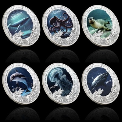 6-teiliges Münzset Unterwasserwelt Schatz Tiere Blauwal Delfin Hai Oktopus