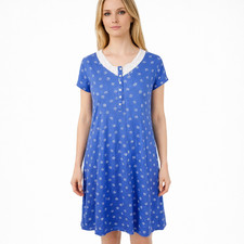 Eileen West V-Neck Henley Button Night gown Blue Floral Knit Cotton Size S