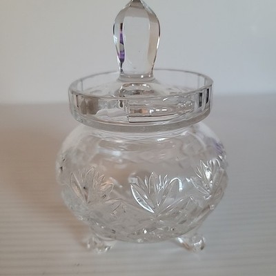 Vintage Cut Crystal Sugar Bowl With Lid Footed Starburst Pattern