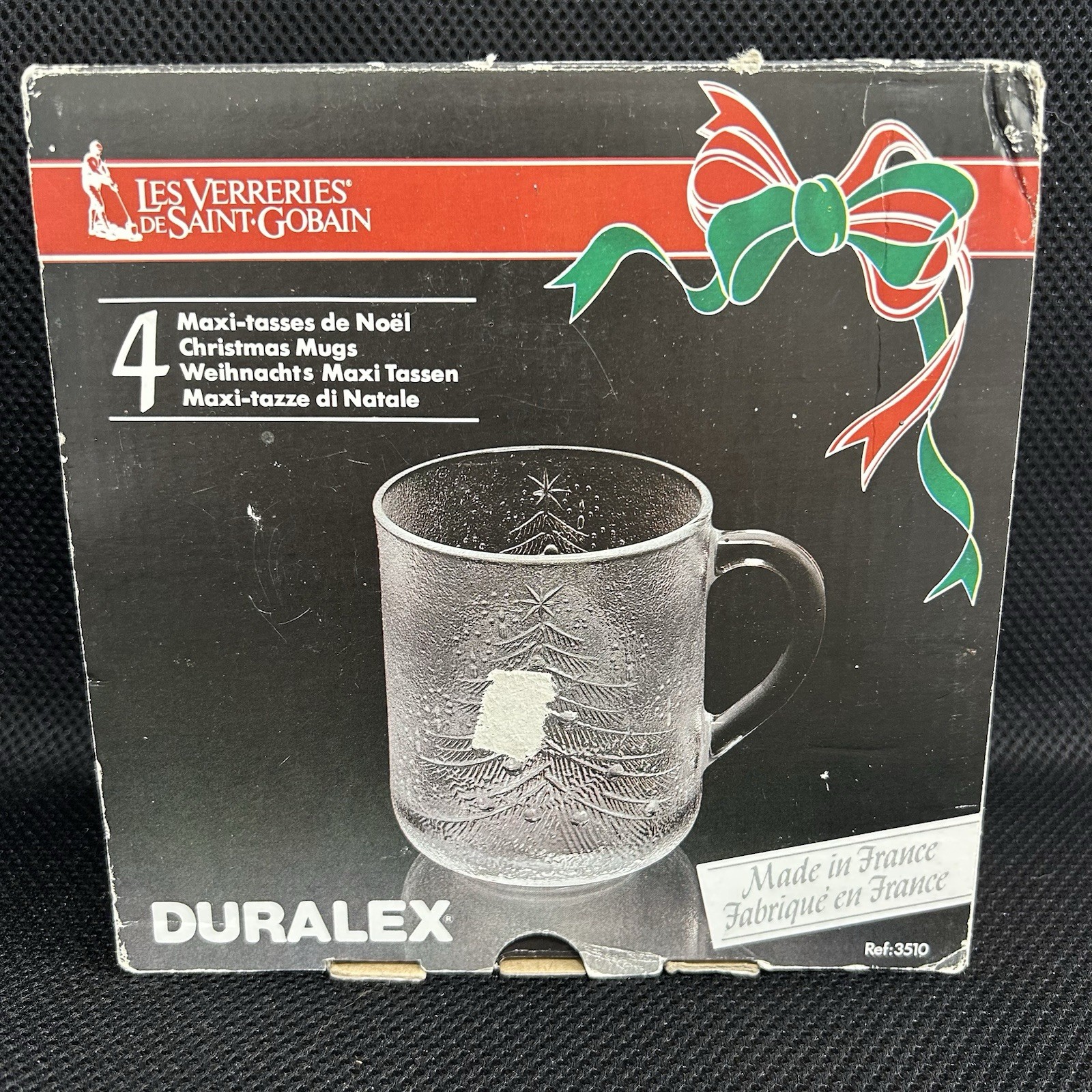 Vintage Christmas Tree NOEL Mug Duralex Glass Made France Set of 4 NEW IN BOX