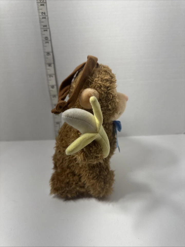 Kids II Musical Monkey 1999 con cuerda de tirar de felpa de plátano *Funciona vintage arco azul Foto 4 de 4