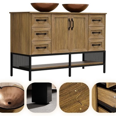 48'' Bathroom Vanity w/ Vessel Freestanding Cabinet Open Shelves & 6 Drawers Oak