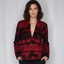 Ming Wang Deep Red & Black Rose Explosion Stand Up Notch Collar Knit Sweater