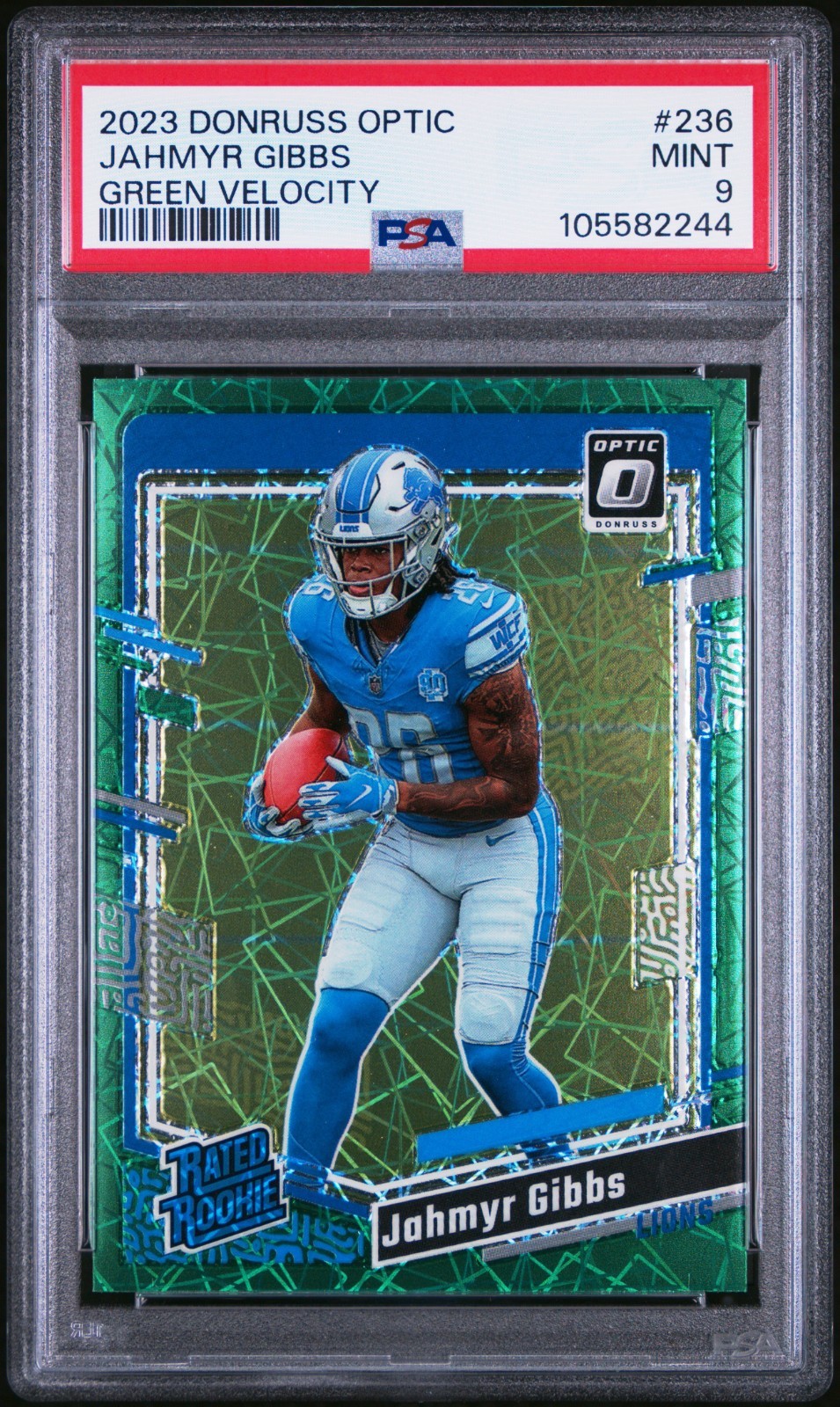 Jahmyr Gibbs 2023 Donruss Optic Green Velocity RC Rated Rookie PSA 9